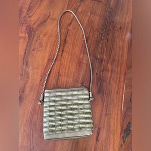 Tianni golds/tans/whites, woven leather textiles solid gold back crossbody bag